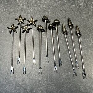 Pier 1 Silver Tone Seashells Cheese Hors D'oeuvre Appetizer Forks Picks Holder